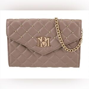 Badgley Mischka NWT Crossbody Diamond Quilting Round Studs on Front Taupe Gold